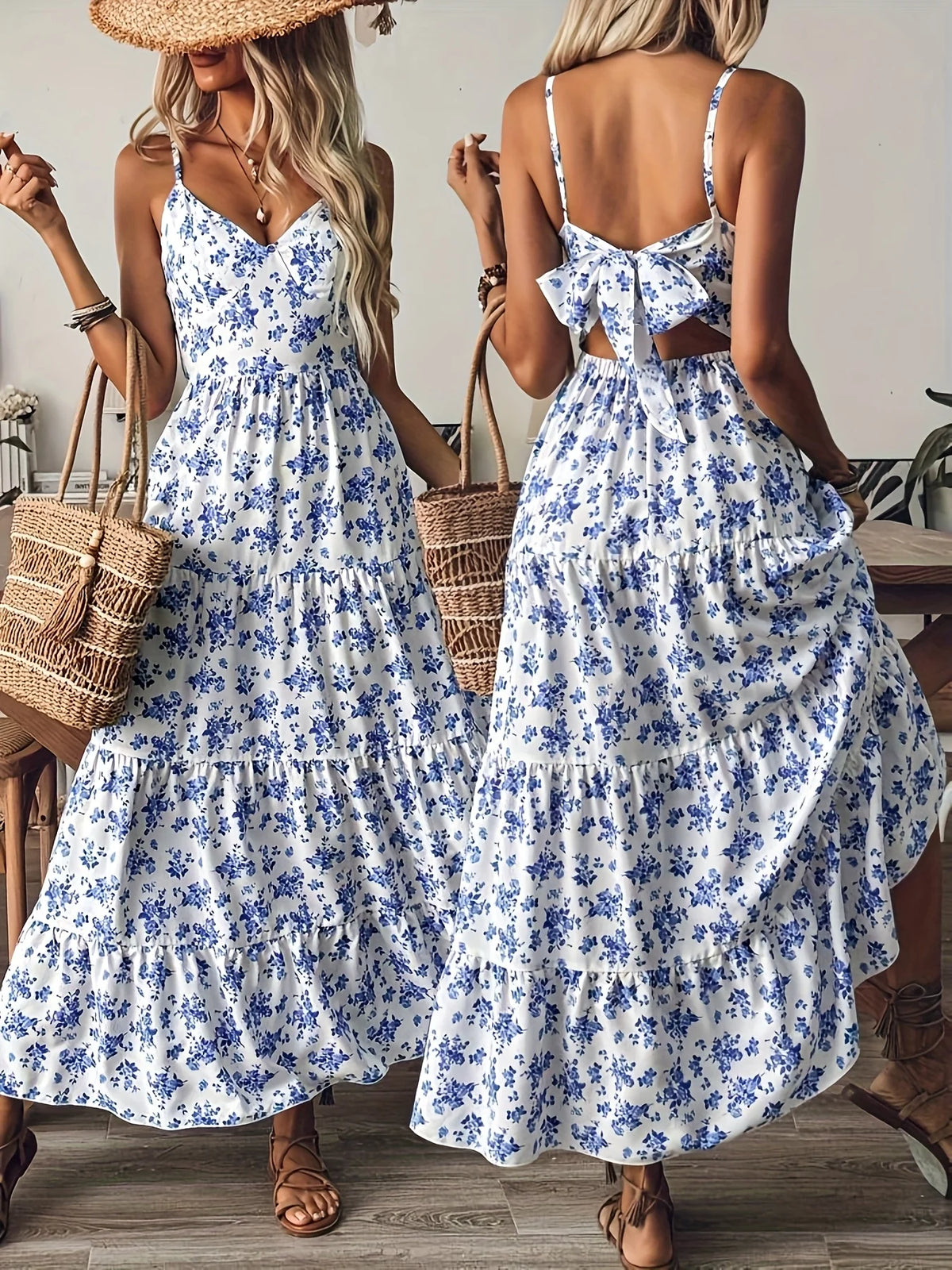 Floral Tiered-Ruffle Strappy Maxi Dress