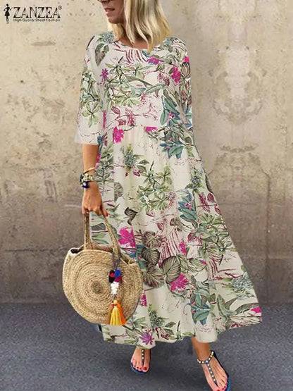 Floral Print Three-Quarter Sleeve Midi Dress