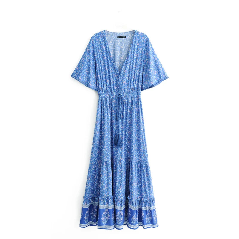 Floral Tassel-Trim Bohemian Maxi Dress