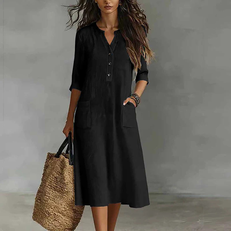 Half-Sleeve Midi Dress with Pockets