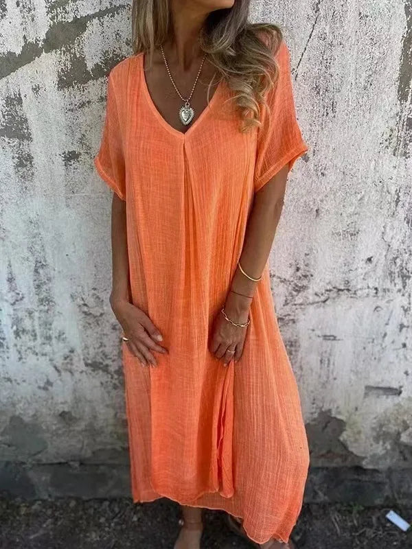 Short-Sleeve Linen V-Neck Maxi Dress