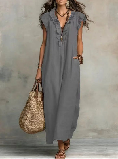 Linen-Blend Ruffle Maxi Dress with Pockets