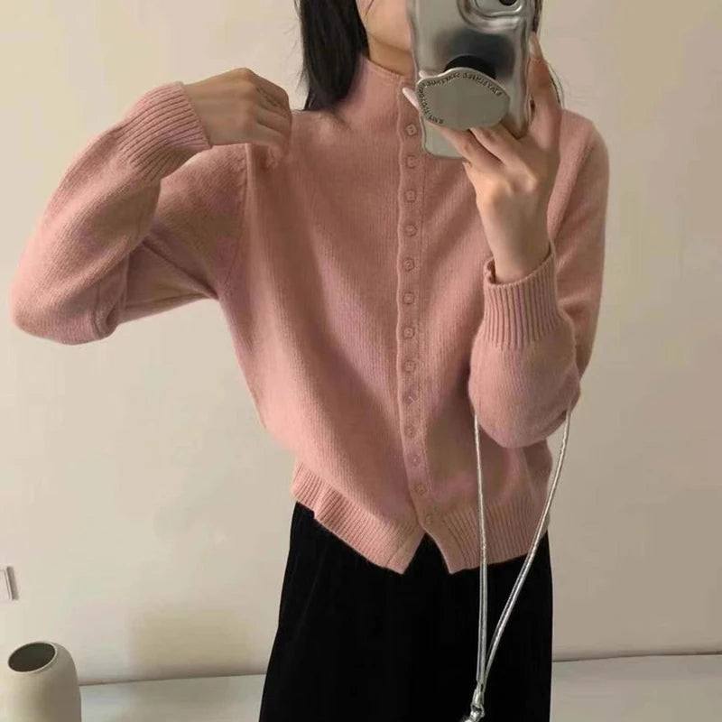 Stand-Collar Button Knit Cardigan