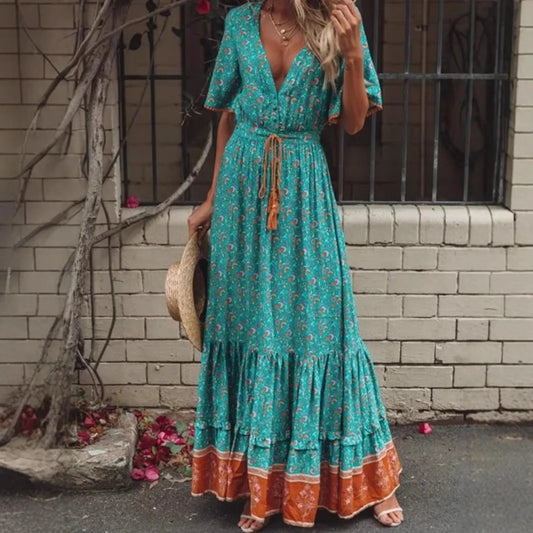 Floral Tassel-Trim Bohemian Maxi Dress