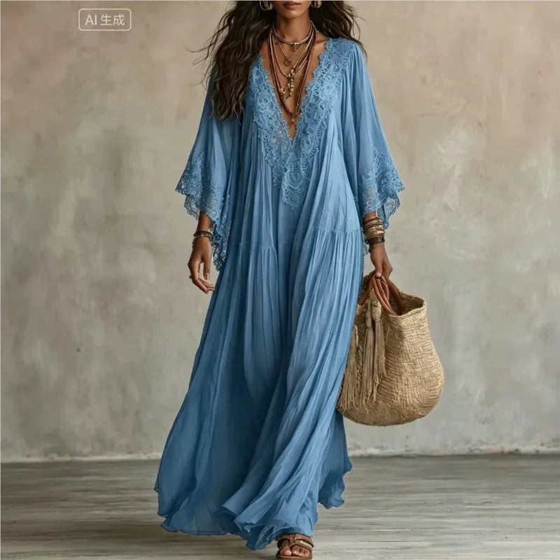 Lace-Trim V-Neck Maxi Dress