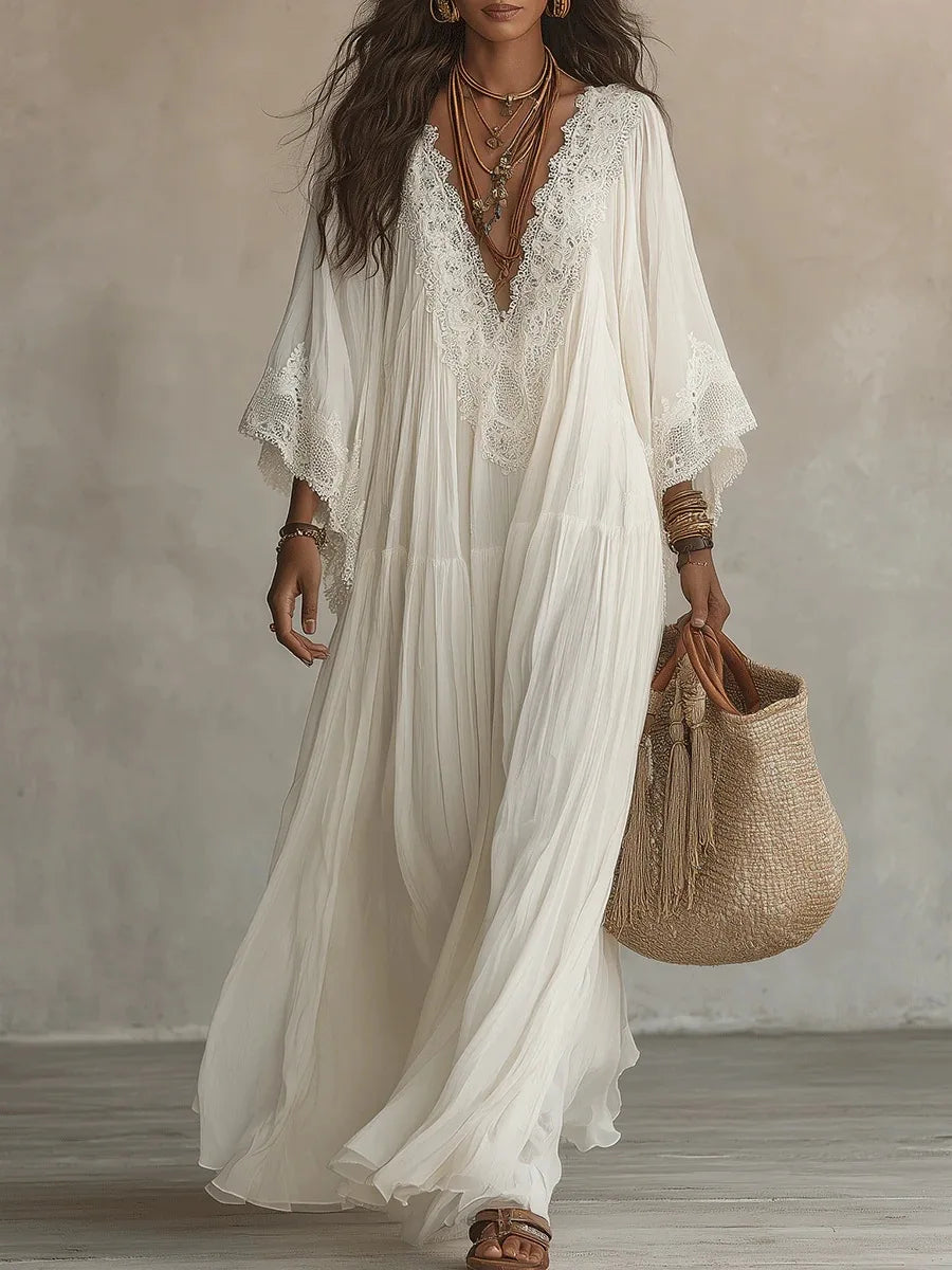 Lace-Trim V-Neck Maxi Dress