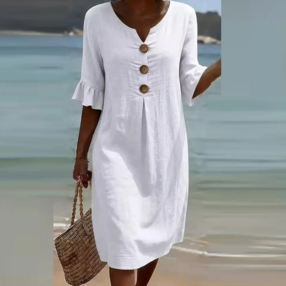 Printed V-Neck Button Midi Dress