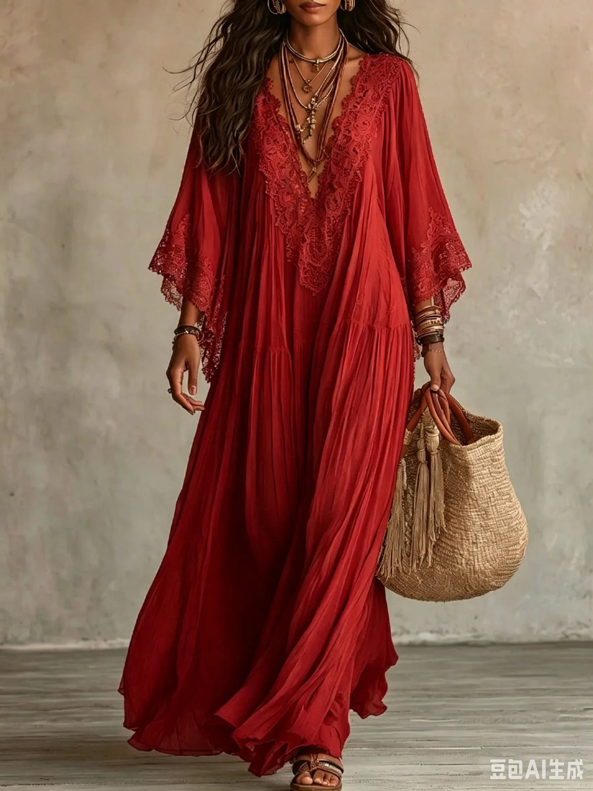 Lace-Trim V-Neck Maxi Dress