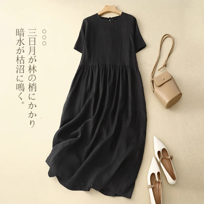 A-Line Linen Midi Dress with Pockets