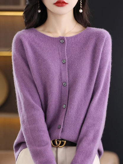 Fine Wool-Blend O-Neck Cardigan