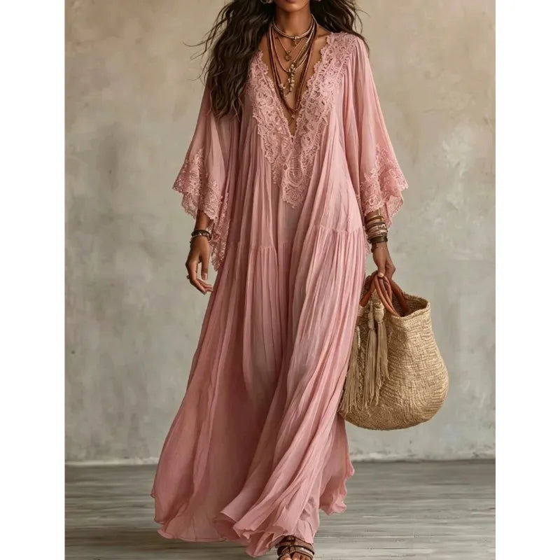 Lace-Trim V-Neck Maxi Dress