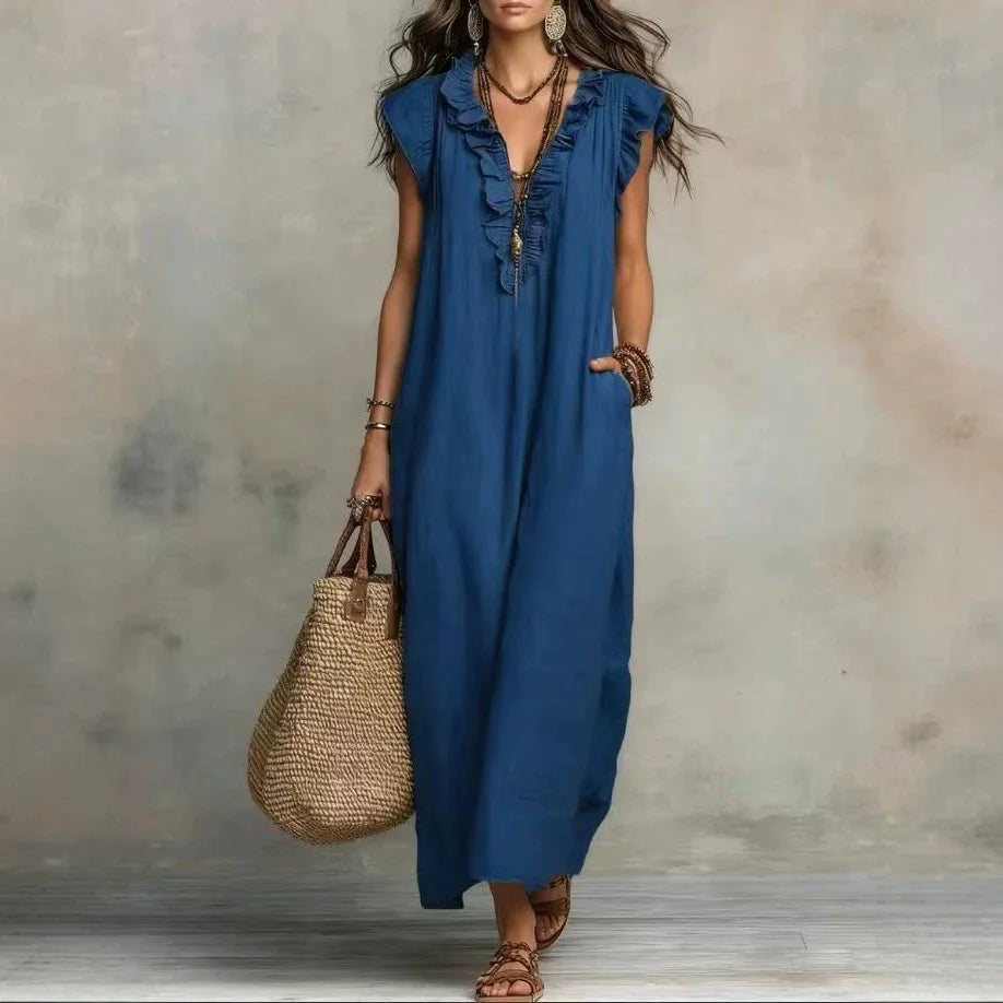Linen-Blend Ruffle Maxi Dress with Pockets
