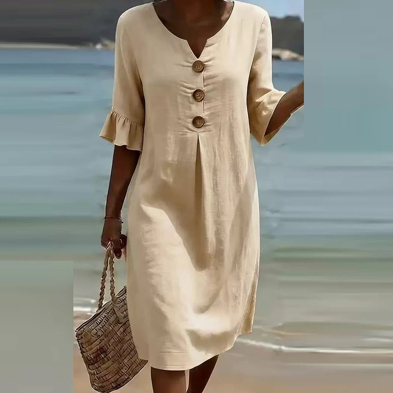 Printed V-Neck Button Midi Dress