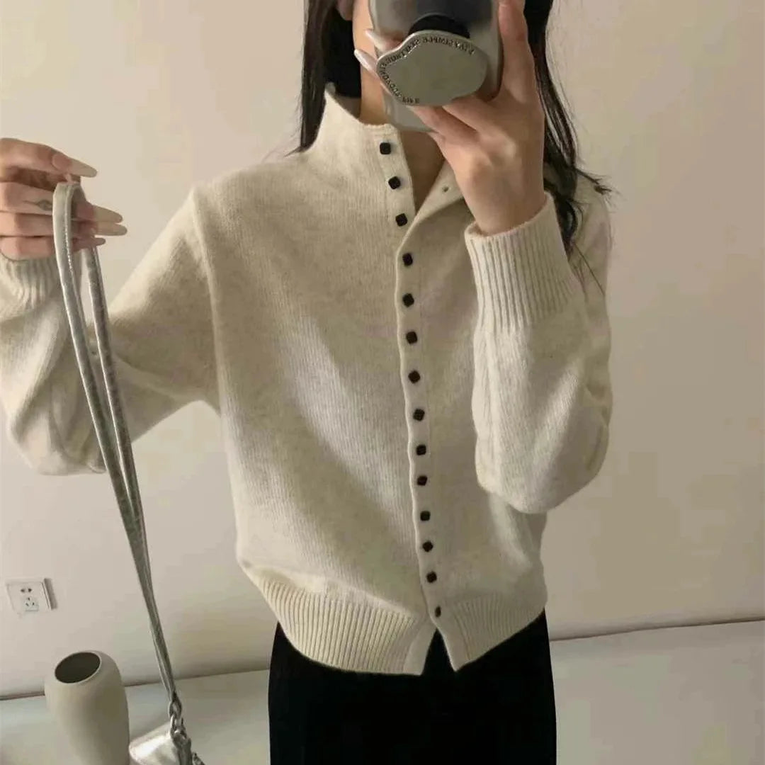 Stand-Collar Button Knit Cardigan