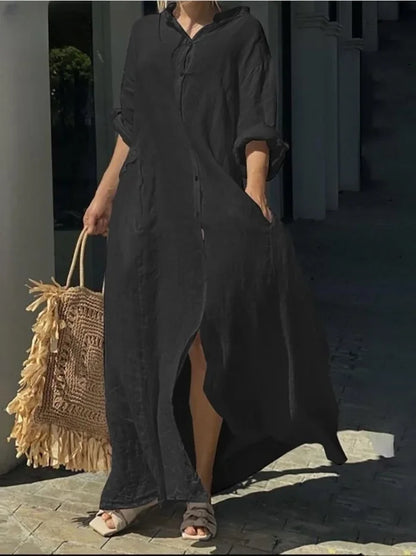 Linen-Blend Long Shirt Dress with Pockets