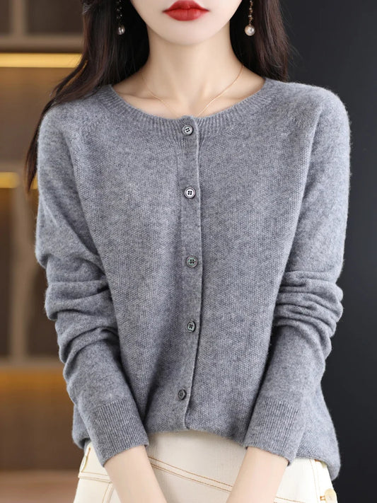 Fine Wool-Blend O-Neck Cardigan