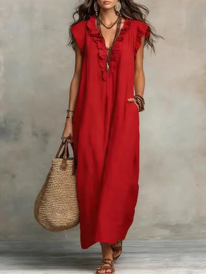 Linen-Blend Ruffle Maxi Dress with Pockets