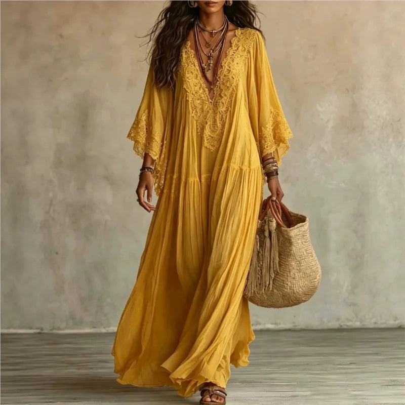 Lace-Trim V-Neck Maxi Dress