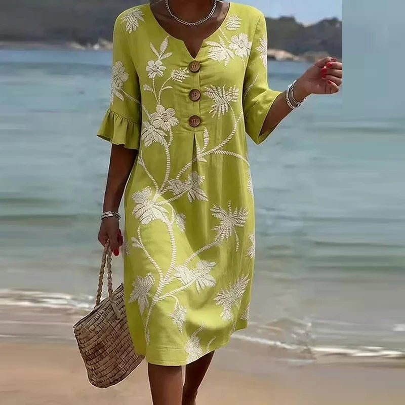 Printed V-Neck Button Midi Dress