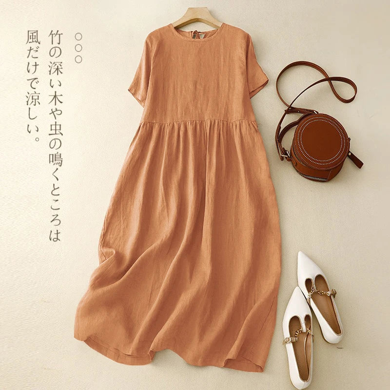 A-Line Linen Midi Dress with Pockets