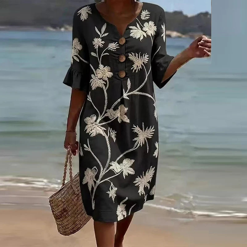 Printed V-Neck Button Midi Dress