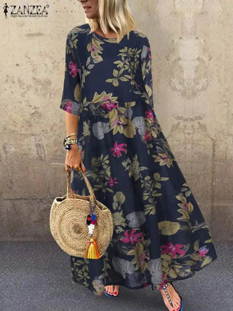 Floral Print Three-Quarter Sleeve Midi Dress