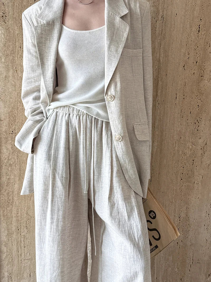 Linen-Blend Blazer and Wide-Leg Trouser Set
