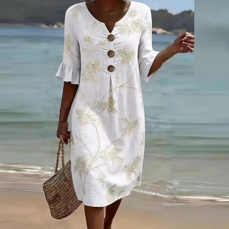 Printed V-Neck Button Midi Dress