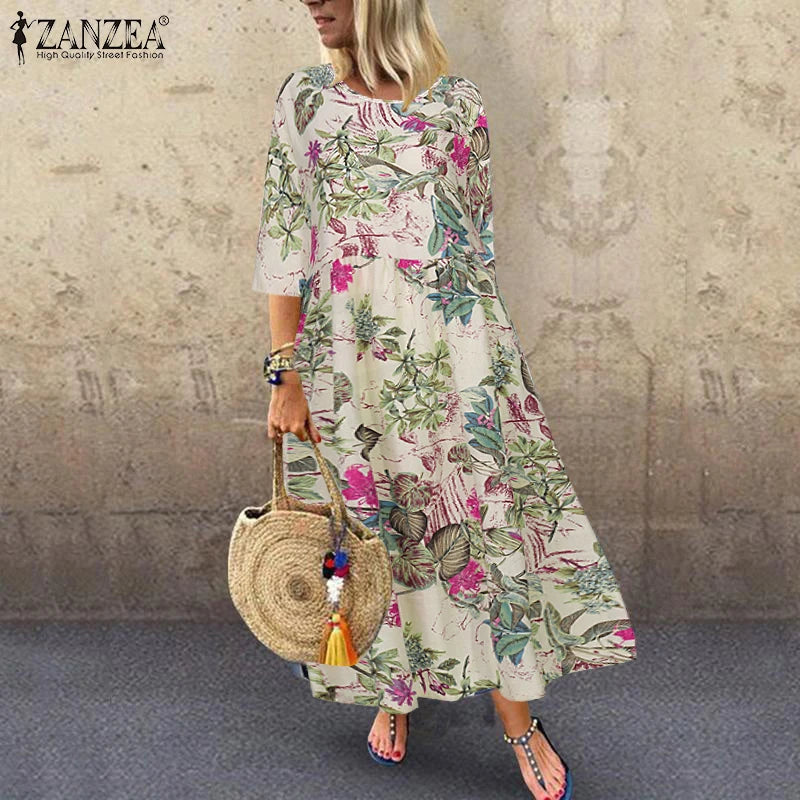 Floral Print Three-Quarter Sleeve Midi Dress