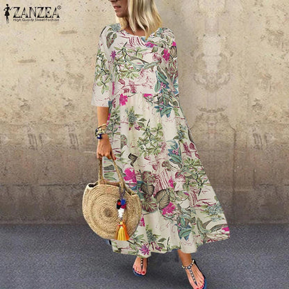 Floral Print Three-Quarter Sleeve Midi Dress