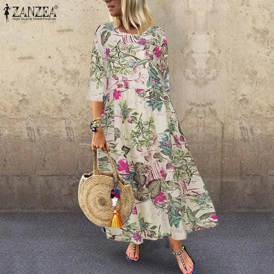 Floral Print Three-Quarter Sleeve Midi Dress