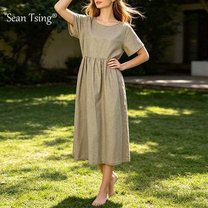 A-Line Linen Midi Dress with Pockets