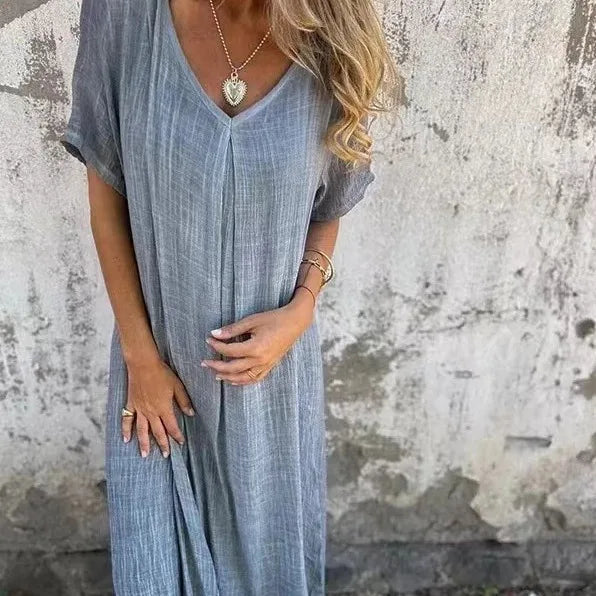 Short-Sleeve Linen V-Neck Maxi Dress