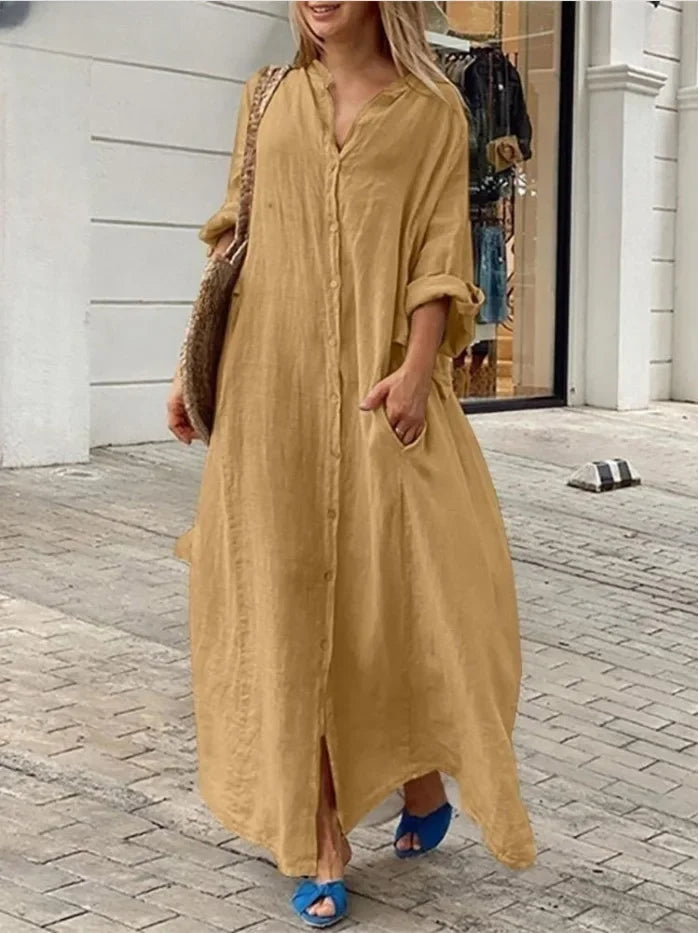 Linen-Blend Long Shirt Dress with Pockets