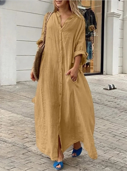 Linen-Blend Long Shirt Dress with Pockets
