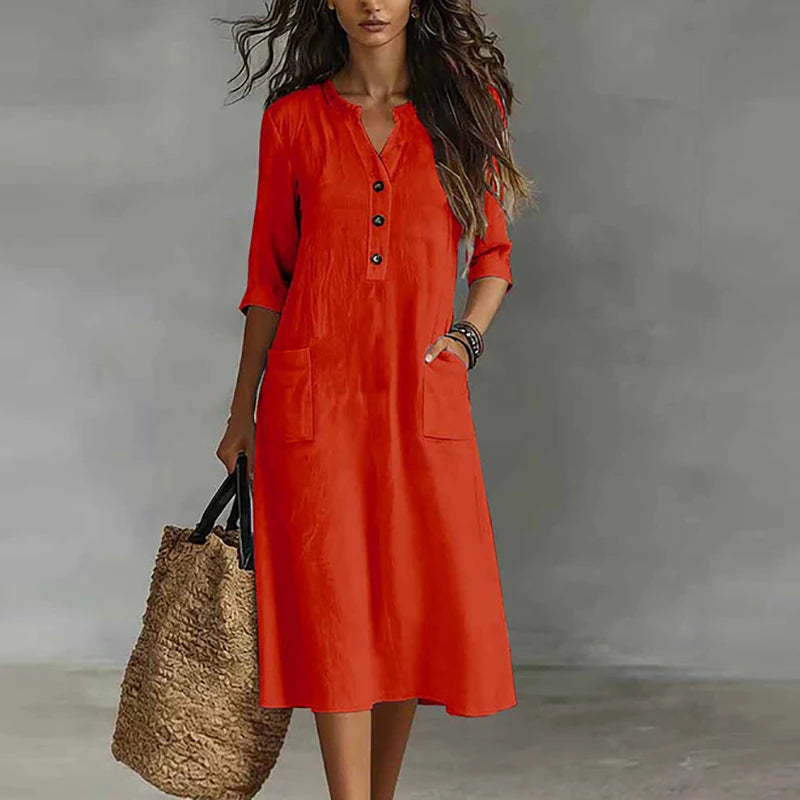 Half-Sleeve Midi Dress with Pockets