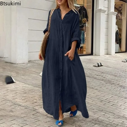 Linen-Blend Long Shirt Dress with Pockets