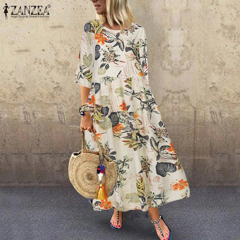 Floral Print Three-Quarter Sleeve Midi Dress