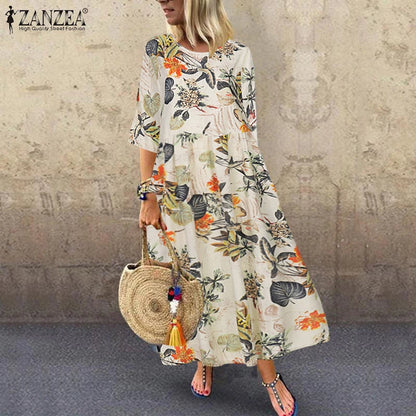 Floral Print Three-Quarter Sleeve Midi Dress