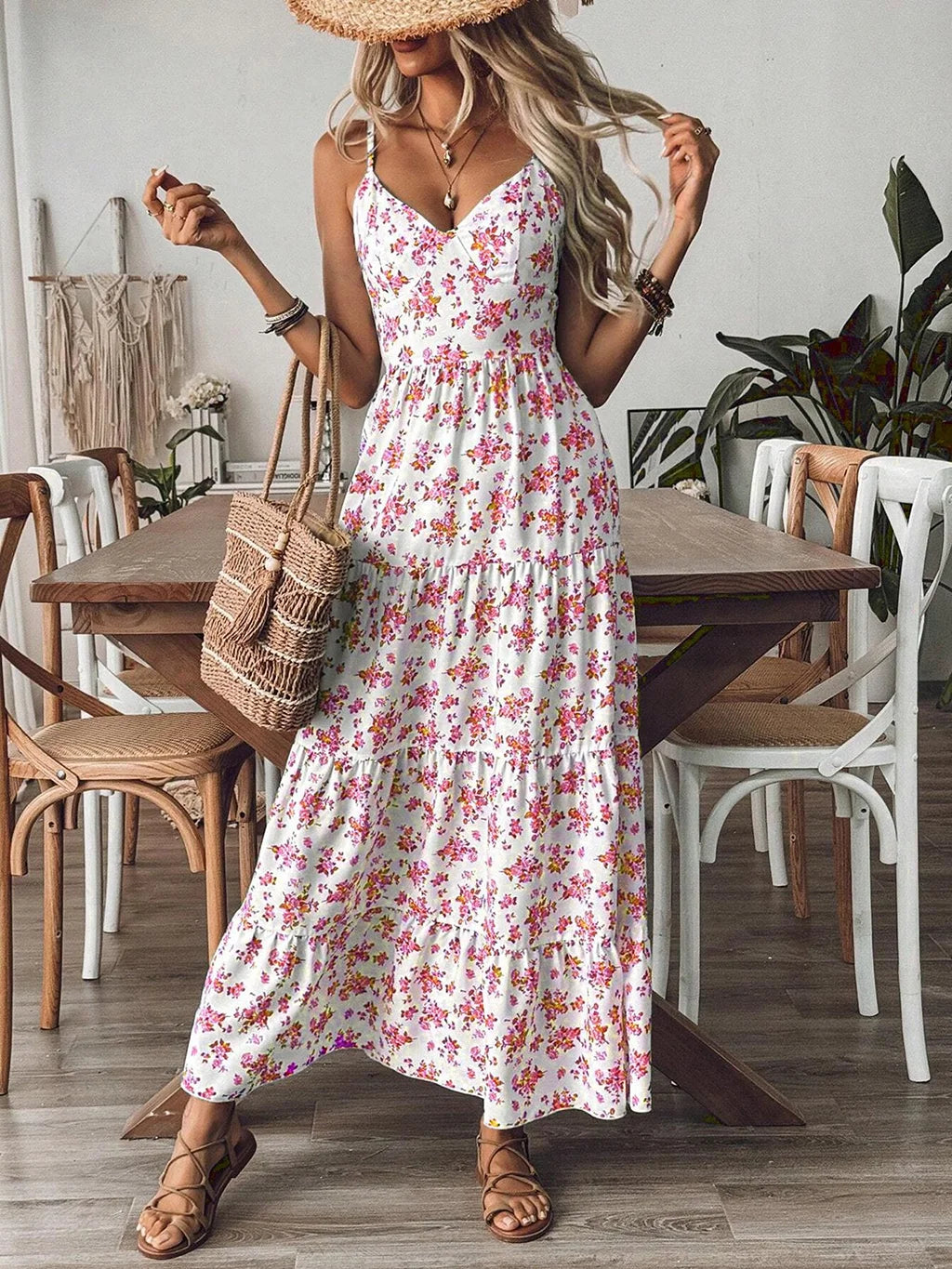 Floral Tiered-Ruffle Strappy Maxi Dress