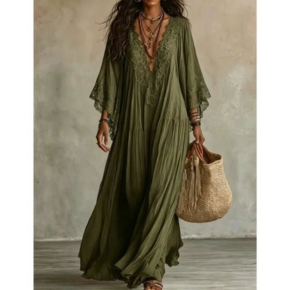 Lace-Trim V-Neck Maxi Dress