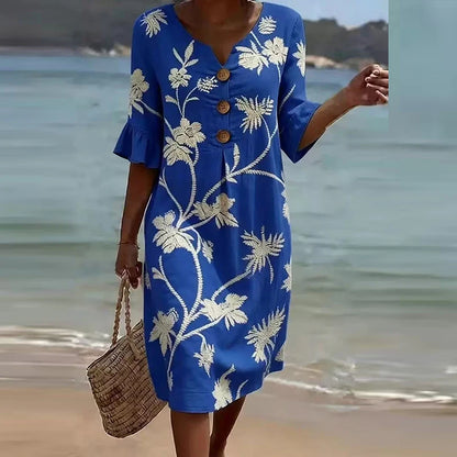 Printed V-Neck Button Midi Dress