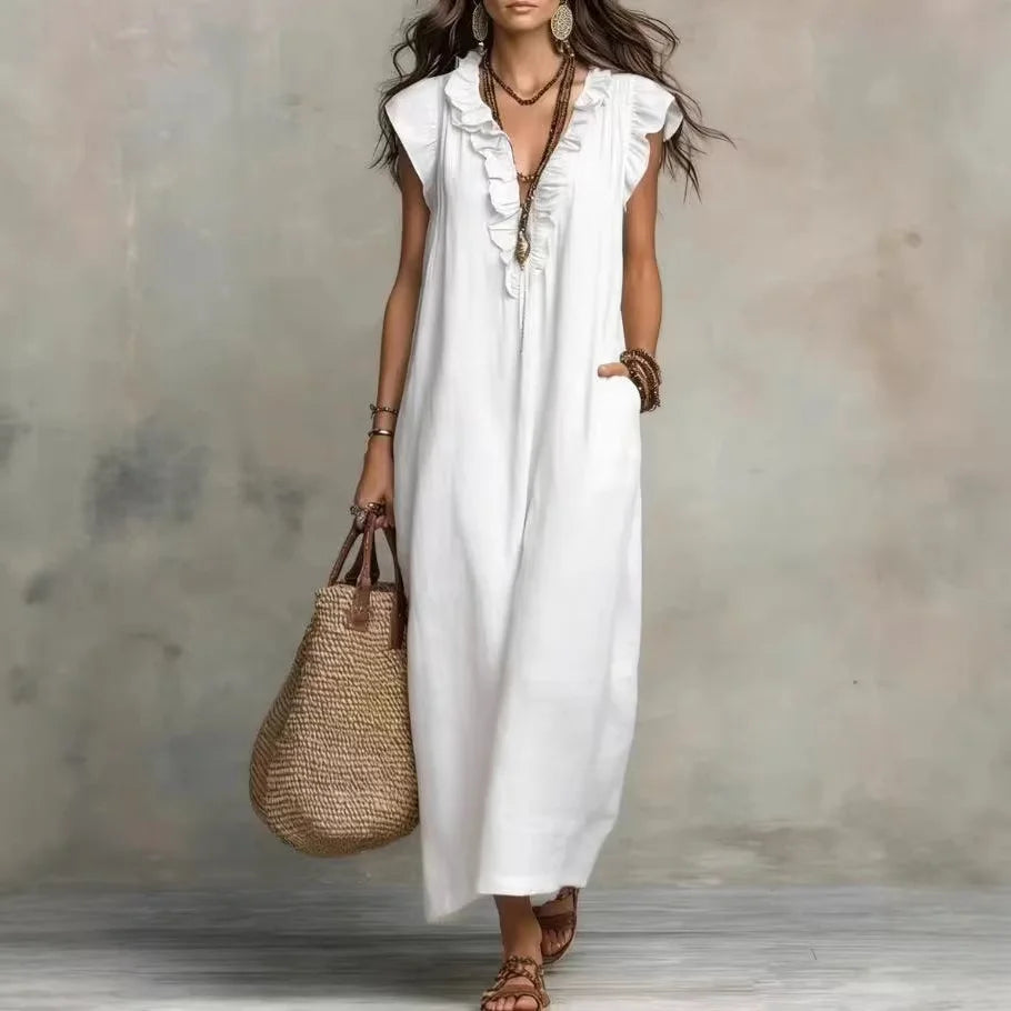 Linen-Blend Ruffle Maxi Dress with Pockets