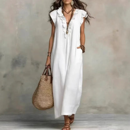 Linen-Blend Ruffle Maxi Dress with Pockets
