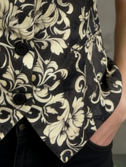 Printed Lapel Waistcoat with Faux Pockets