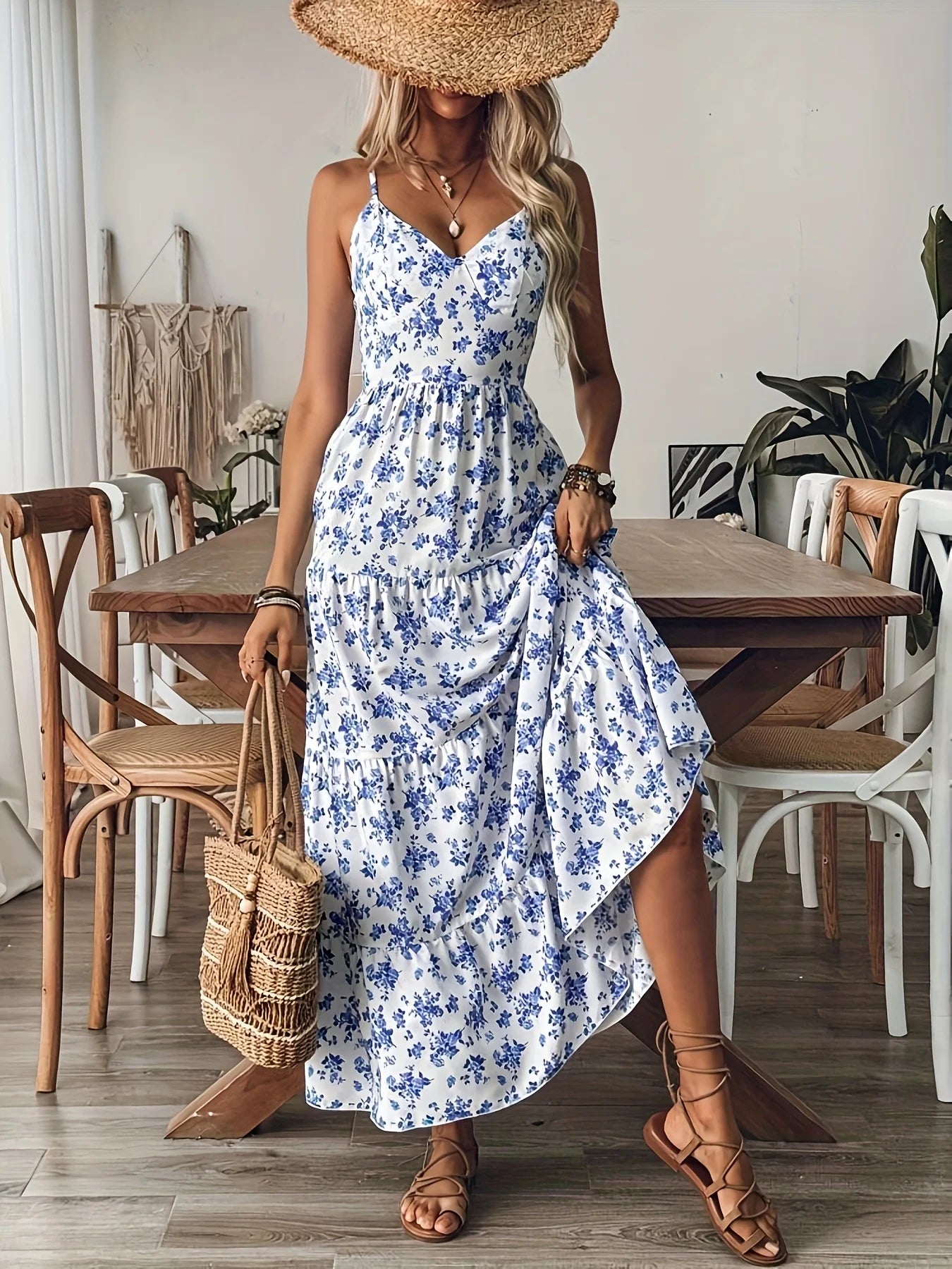 Floral Tiered-Ruffle Strappy Maxi Dress