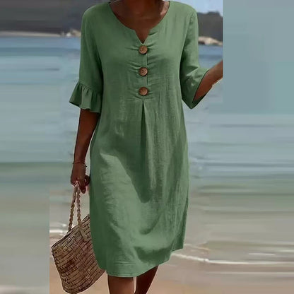 Printed V-Neck Button Midi Dress
