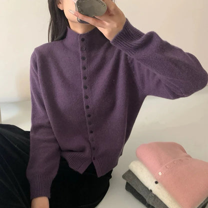 Stand-Collar Button Knit Cardigan