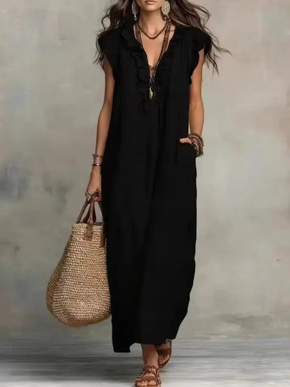 Linen-Blend Ruffle Maxi Dress with Pockets