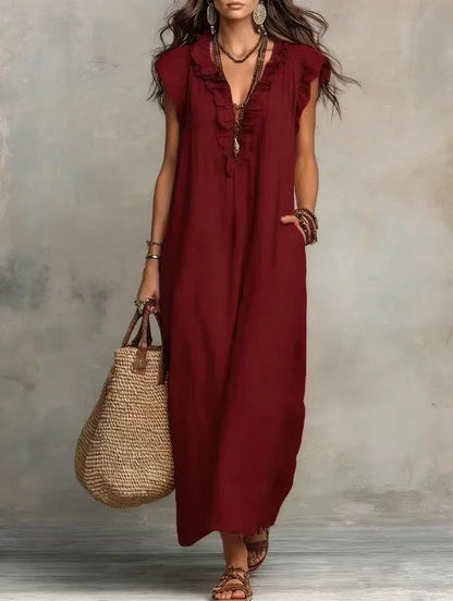 Linen-Blend Ruffle Maxi Dress with Pockets